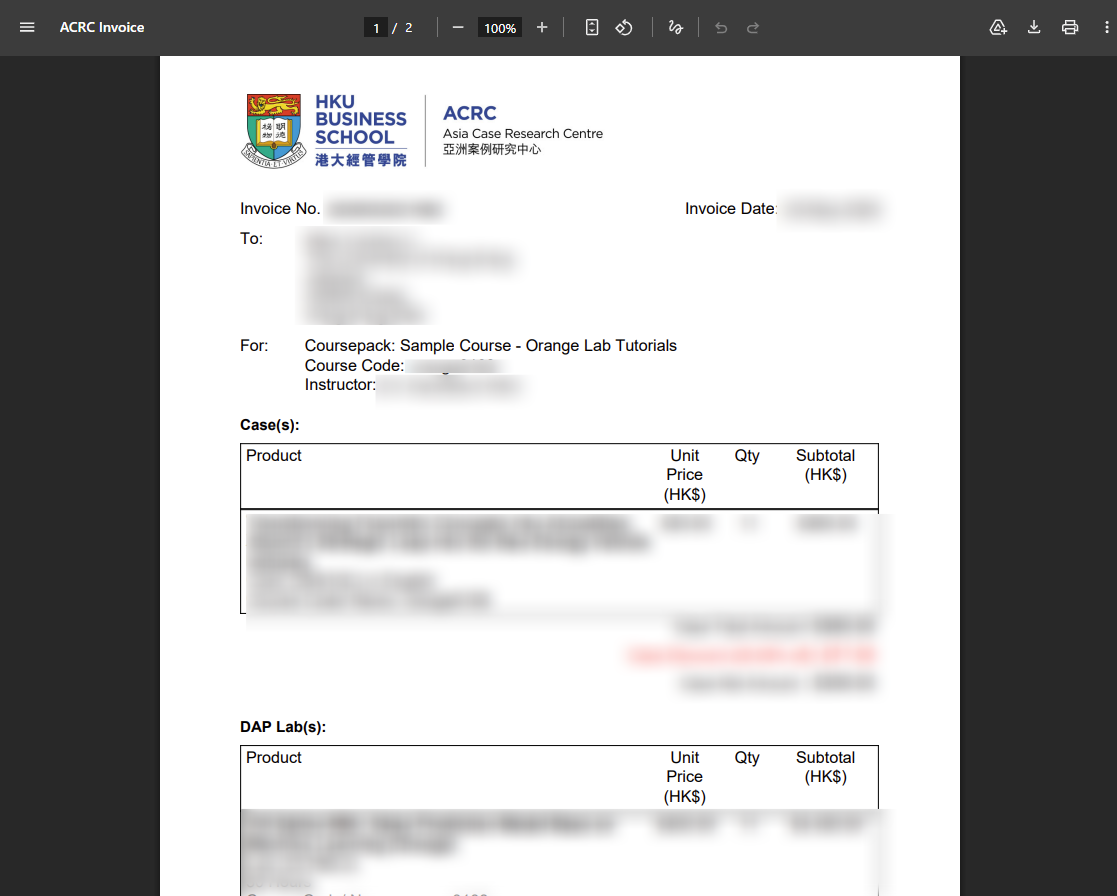 A PDF viewer displaying the first page of a sample invoice, with sensitive details like names, IDs, and pricing blurred out.